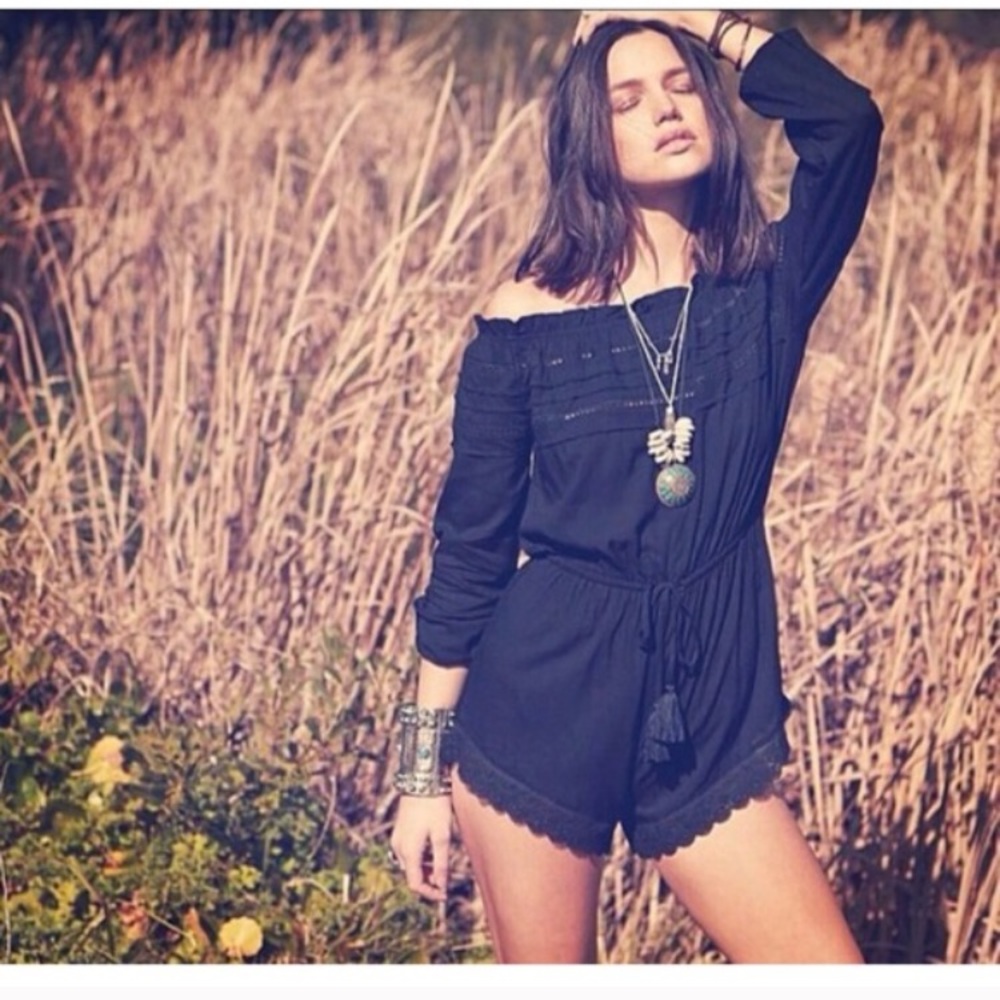 ISO black crochet lace trim off shoulder romper